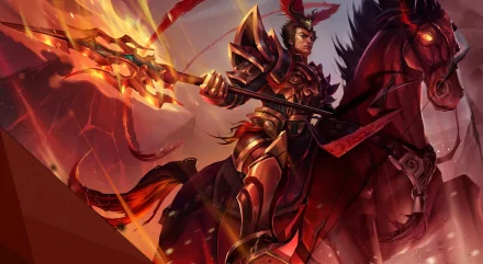 A dynamic HD wallpaper featuring Jarvan IV, a character from League of Legends, showcasing his fierce warrior stance while wielding a glowing spear on horseback.