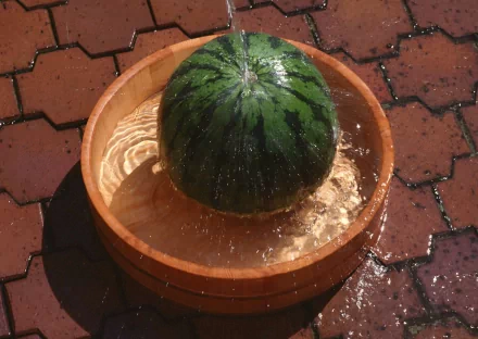 HD PC desktop wallpaper showing a whole watermelon splashing in a wooden bowl filled with water on a brick floor.