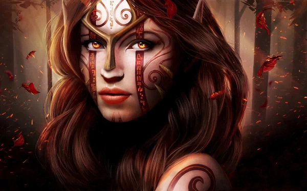 A captivating fantasy image of a woman with intricate face paint and mystical features, set against a backdrop of a forest with swirling autumn leaves, serving as an HD wallpaper.