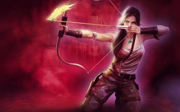 HD desktop wallpaper featuring a fierce female character from the video game Tomb Raider, expertly aiming a flaming arrow in a captivating action pose against a dramatic background.