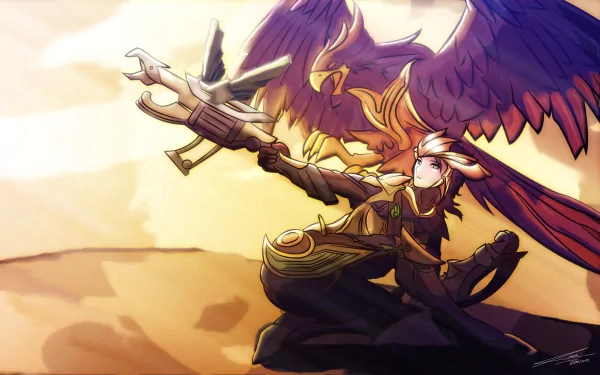 A dynamic HD wallpaper featuring Quinn from League of Legends, showcasing her in action with a majestic eagle, set against a vibrant sunset backdrop.