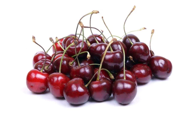 HD PC desktop wallpaper: glossy red cherries with stems piled on a white background — food, cherry.