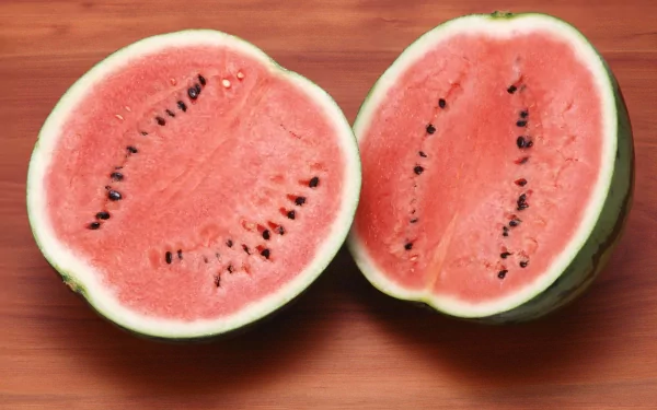 HD PC desktop wallpaper featuring a close-up of a ripe watermelon cut in half on a wooden surface, highlighting its juicy red flesh and black seeds.