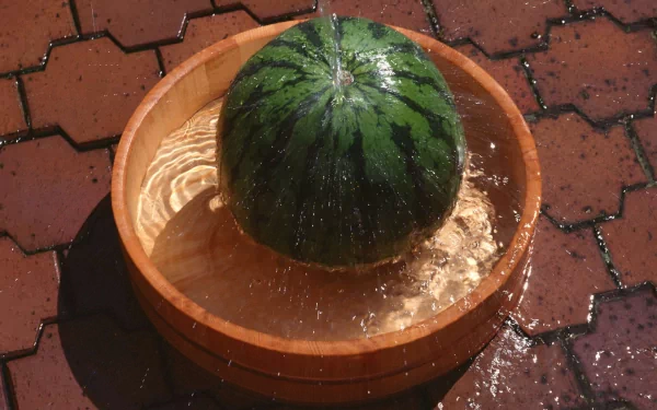 HD PC desktop wallpaper showing a whole watermelon splashing in a wooden bowl filled with water on a brick floor.