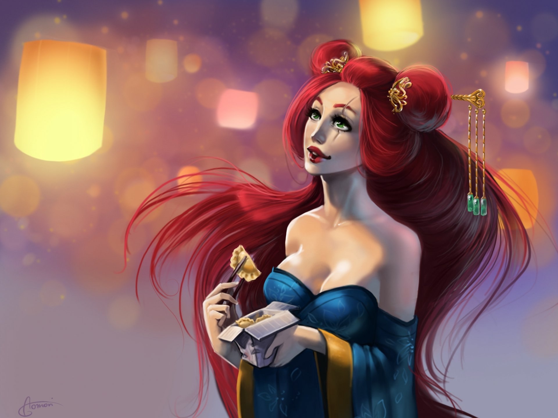 HD PC desktop wallpaper featuring Katarina from League of Legends, showcasing her with flowing red hair and an elegant outfit against a glowing, lantern-lit background.