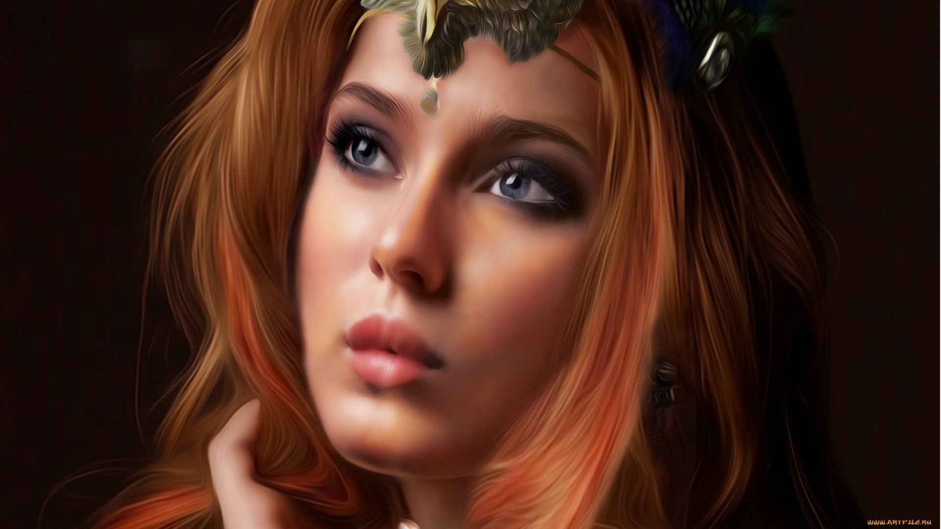 A captivating fantasy-themed HD desktop wallpaper featuring a woman with flowing hair and a mystical headdress, evoking an enchanting atmosphere.