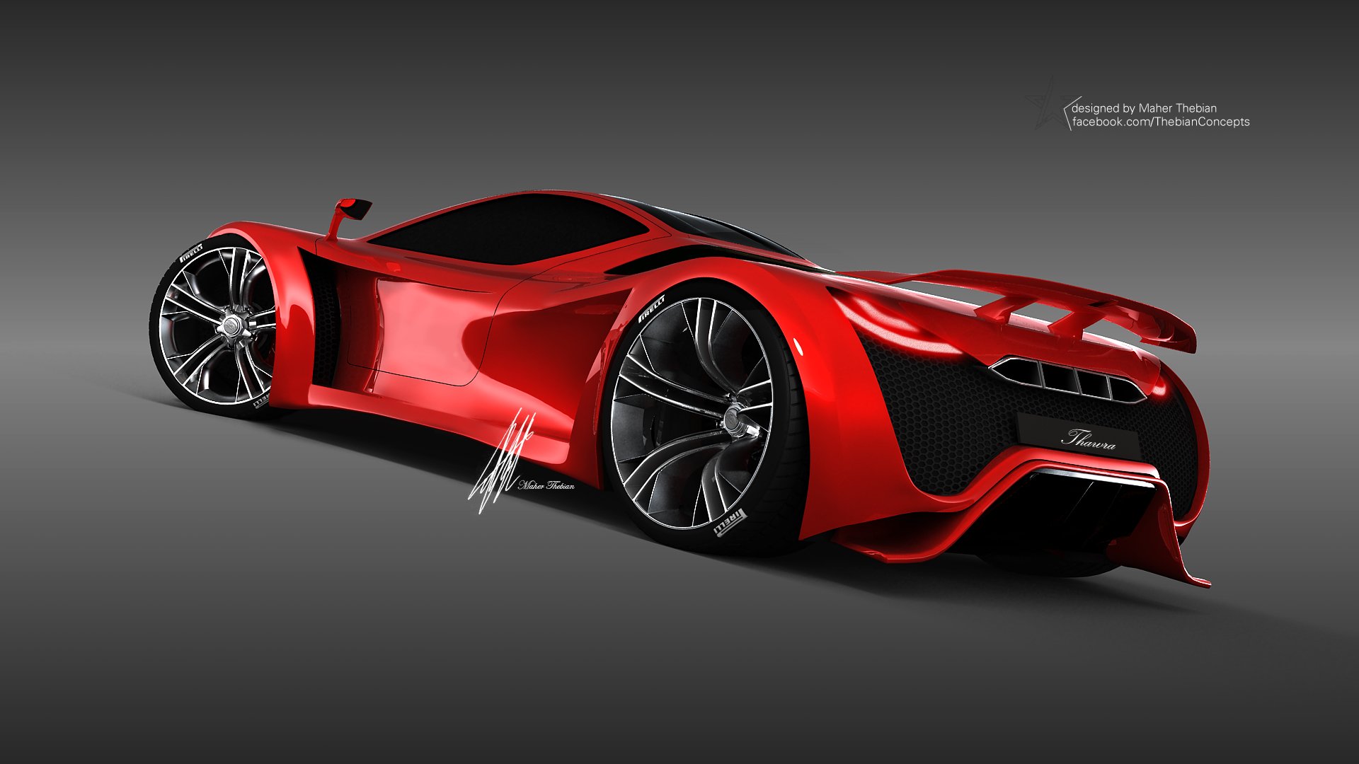 HD PC desktop wallpaper featuring a sleek red Pagani supercar with bold curves and large wheels against a dark background.