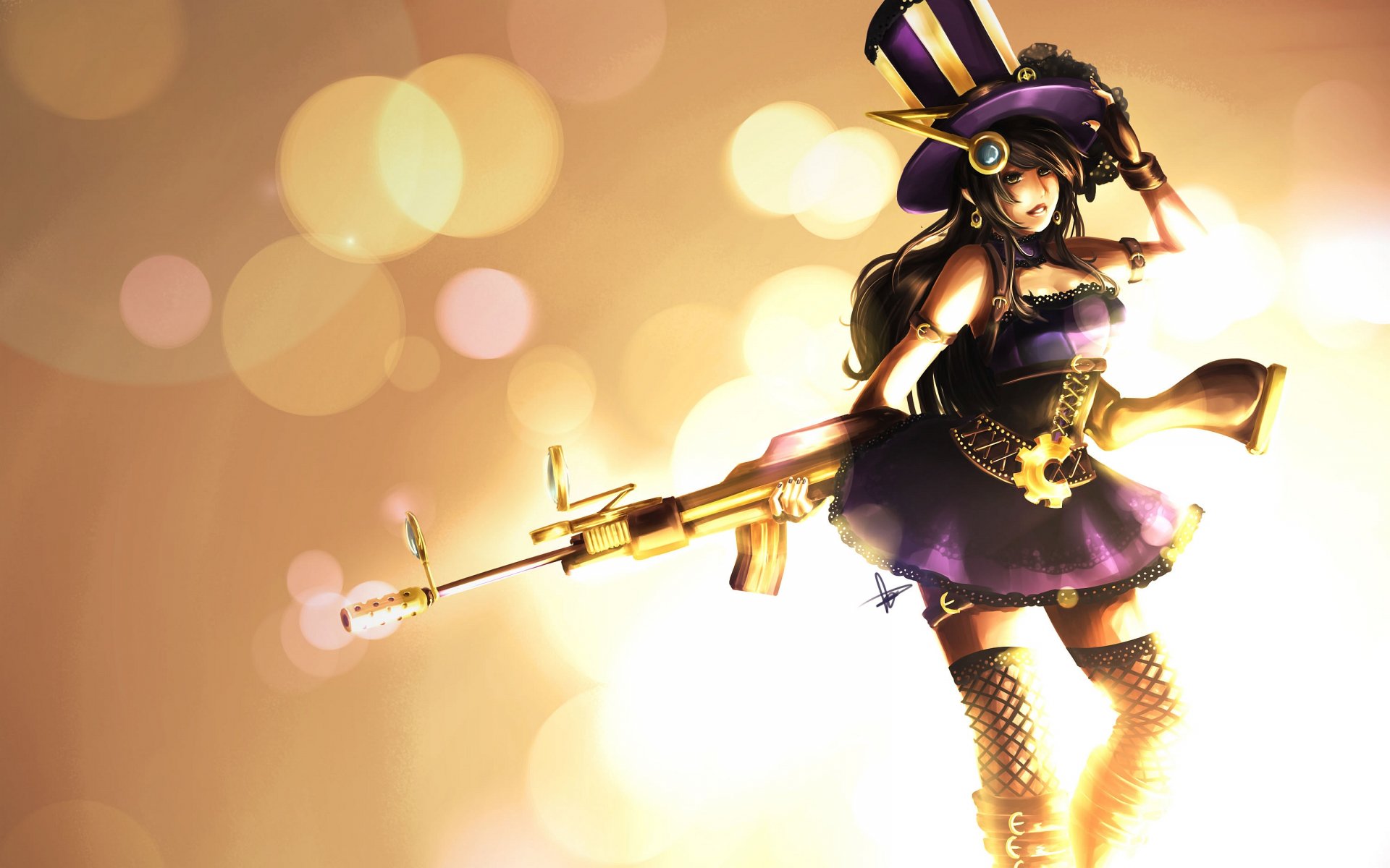 HD PC desktop wallpaper featuring Caitlyn from League of Legends, showcasing her in a stylized outfit with a rifle against a glowing, bokeh light background.