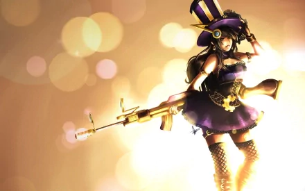 HD PC desktop wallpaper featuring Caitlyn from League of Legends, showcasing her in a stylized outfit with a rifle against a glowing, bokeh light background.