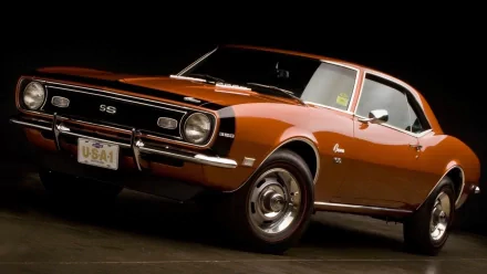 HD desktop wallpaper featuring a classic orange Chevrolet Camaro SS muscle car against a dark background.