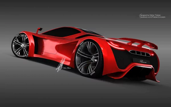 HD PC desktop wallpaper featuring a sleek red Pagani supercar with bold curves and large wheels against a dark background.