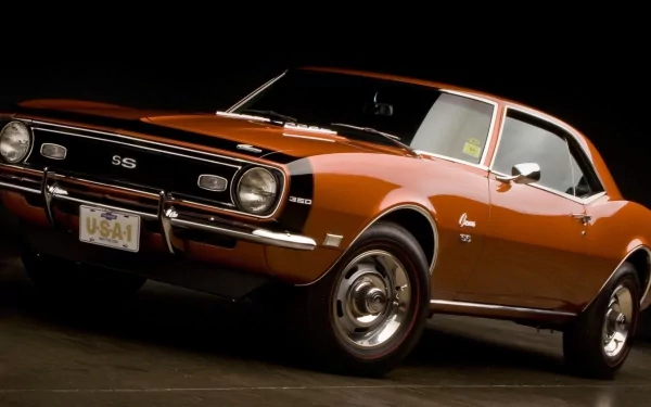 HD desktop wallpaper featuring a classic orange Chevrolet Camaro SS muscle car against a dark background.