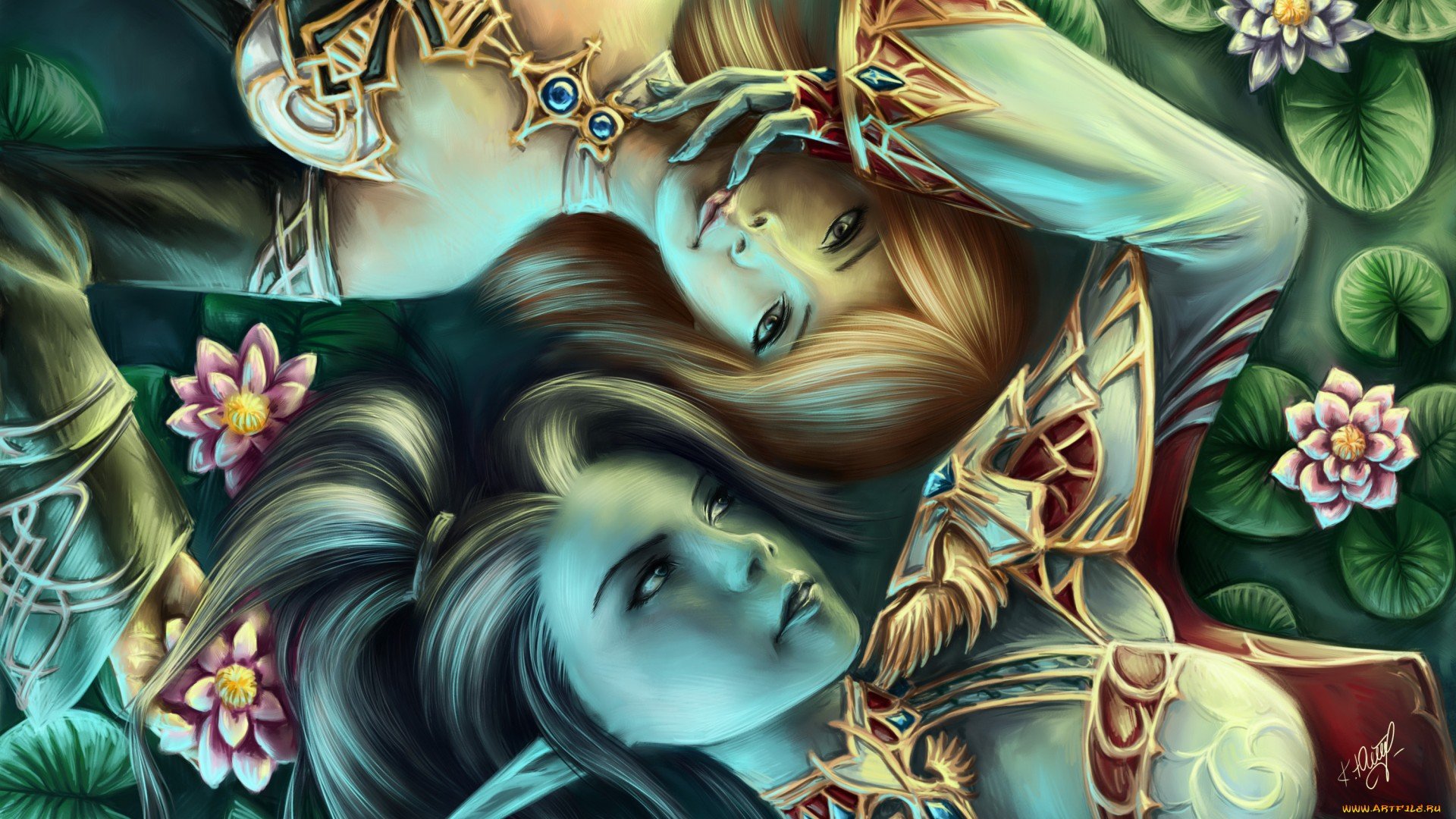 A captivating HD fantasy wallpaper featuring two enchanting women surrounded by lush greenery and blooming lotus flowers, showcasing intricate details and vibrant colors.