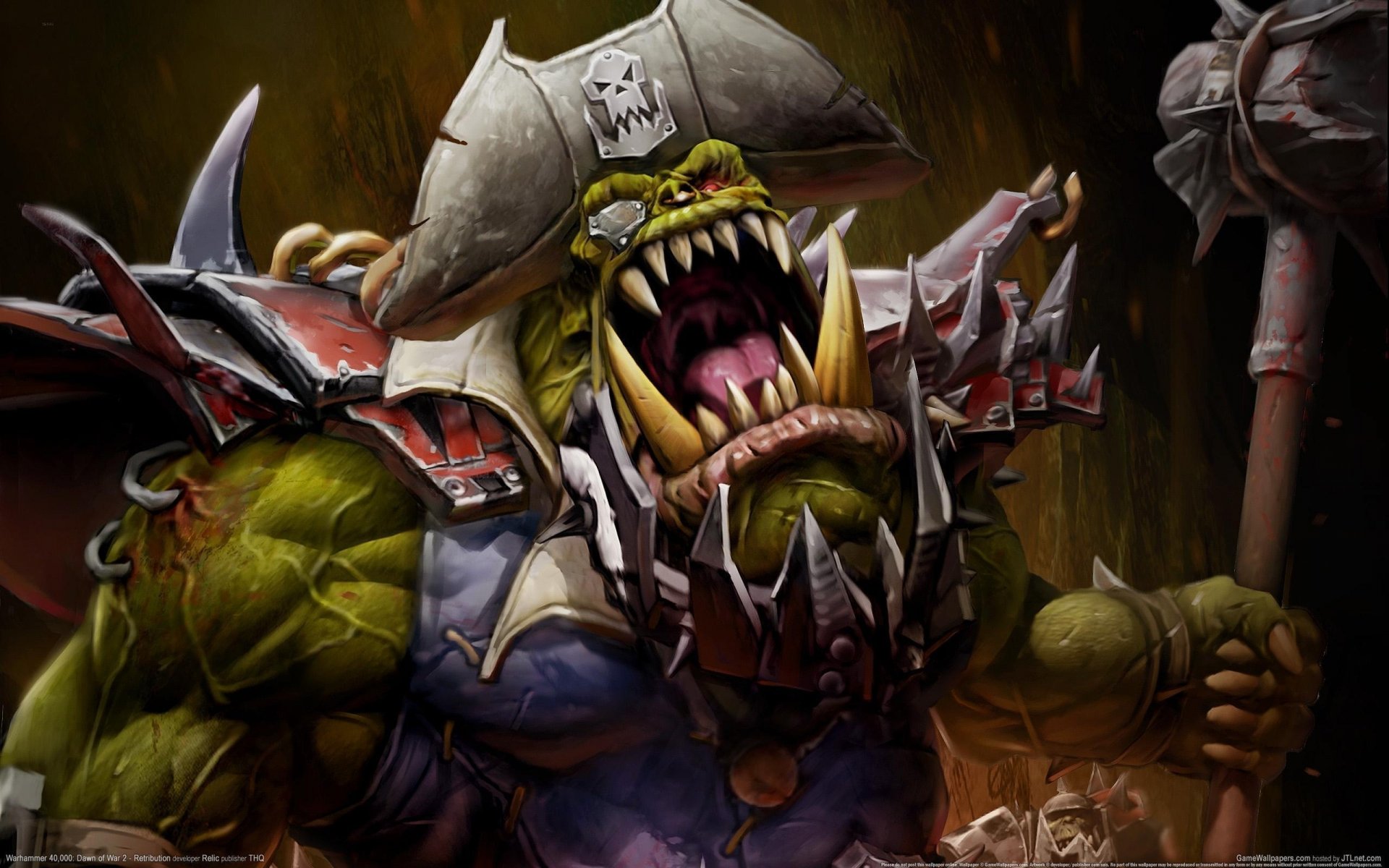 HD PC desktop wallpaper featuring a fierce Warhammer 40k Ork warrior in detailed armor wielding a large weapon.