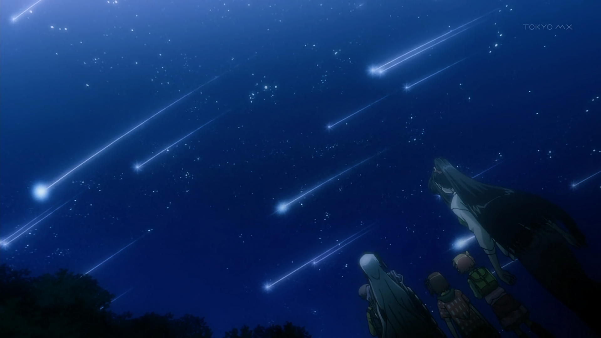 HD anime desktop wallpaper from Is This a Zombie featuring characters watching a night sky filled with multiple shooting stars.