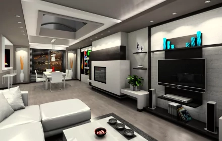 A modern, stylish room featuring a sleek design with white furniture, a television stand, and decorative accents. This HD desktop wallpaper showcases contemporary man-made interiors.