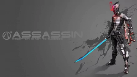A dynamic HD desktop wallpaper featuring a character from Borderlands 2, showcasing a sleek assassin wielding a glowing blue sword against a stylized background.