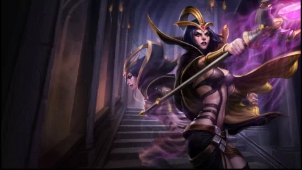 LeBlanc from League of Legends poses dramatically, wielding her staff amidst a dark, mystical background, showcasing her enchanting and mysterious character in this HD wallpaper.