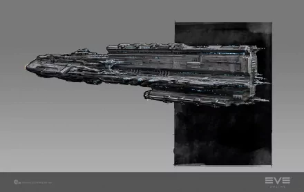 HD PC desktop wallpaper and background: EVE Online video game concept art of a detailed, elongated capital ship on a muted gray backdrop.