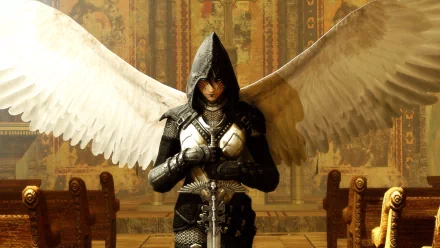 HD fantasy desktop wallpaper depicting a fierce angel warrior in dark armor with large white wings, standing solemnly inside an ornate hall.