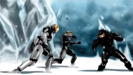 HD PC desktop wallpaper featuring intense armored characters in a snowy landscape from the TV show Red Vs. Blue.