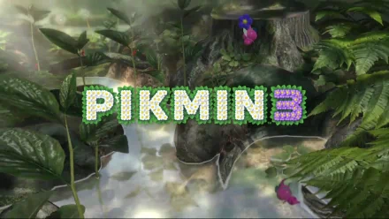 HD desktop wallpaper of Pikmin 3 featuring the game's logo amidst a lush, mystical forest environment.