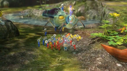 HD desktop wallpaper from Pikmin 3, featuring a group of colorful Pikmin following a character in a lush, forested landscape.