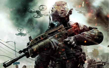 A dynamic HD desktop wallpaper from Call of Duty: Black Ops II featuring a soldier in combat gear, wielding a weapon with drones in the background amidst an action-filled atmosphere.