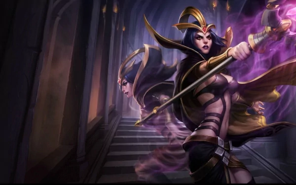 LeBlanc from League of Legends poses dramatically, wielding her staff amidst a dark, mystical background, showcasing her enchanting and mysterious character in this HD wallpaper.