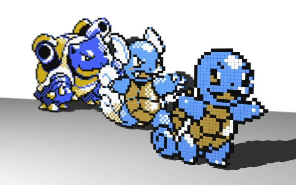 Image of water Pokémon from Pokémon: Red and Blue, featuring Squirtle, Wartortle, and Blastoise in a colorful HD pixel art style, set against a simple background.