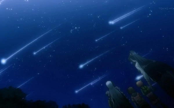 HD anime desktop wallpaper from Is This a Zombie featuring characters watching a night sky filled with multiple shooting stars.