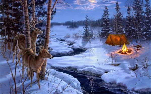 HD desktop wallpaper featuring white-tailed deer in a snowy forest, with a glowing campfire and tent near a stream under a moonlit sky.