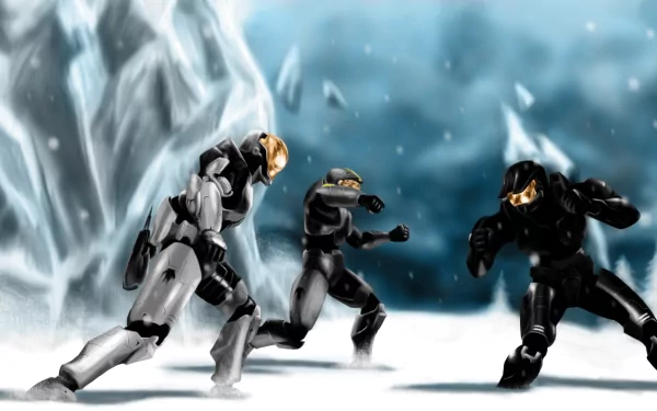 HD PC desktop wallpaper featuring intense armored characters in a snowy landscape from the TV show Red Vs. Blue.