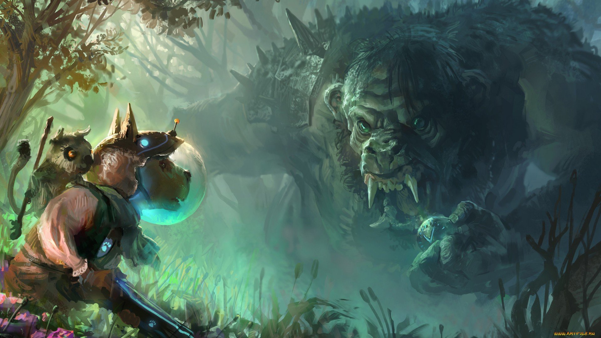 A fantasy warrior with glowing eyes faces a massive, shadowy troll in a misty forest, captured in this HD PC desktop wallpaper and background.