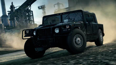 A high-definition wallpaper featuring an aggressive black vehicle from Need For Speed: Most Wanted, racing through a dusty environment with dramatic lighting and dynamic motion.