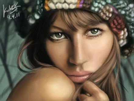 HD PC desktop wallpaper featuring a close-up digital portrait of celebrity Gisele Bundchen with detailed facial features and soft lighting.