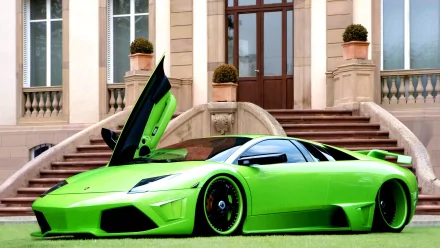 HD PC desktop wallpaper: bright green Lamborghini Murcielago sports vehicle with scissor door open, parked in front of an elegant mansion background.