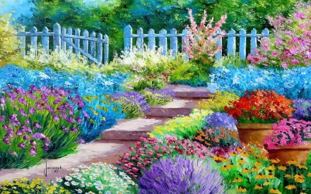 Artistic painting of a vibrant garden with colorful flowers and a white picket fence, designed as an HD PC desktop wallpaper and background.