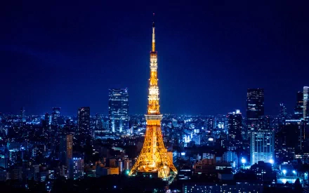 Night cityscape of Tokyo, Japan with the illuminated man-made Tokyo Tower rising above skyscrapers — 2K Quad HD PC desktop wallpaper and background.
