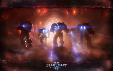 HD wallpaper featuring iconic units from Starcraft II: Wings of Liberty, showcasing formidable robotic figures illuminated against a dramatic, otherworldly backdrop.