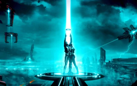 HD PC desktop wallpaper from the movie TRON: Legacy featuring a glowing figure holding a beam of light in a futuristic digital landscape under a stormy sky.