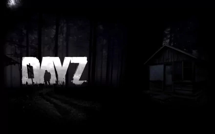 Dark DayZ video game HD PC desktop wallpaper background: silhouetted survivor in a moonlit forest, abandoned cabin and large DAYZ logo.
