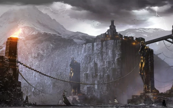 HD PC desktop wallpaper featuring a dramatic Dragon Age II scene with towering statues, a chained bridge, and a fortress set against a stormy mountainous backdrop.