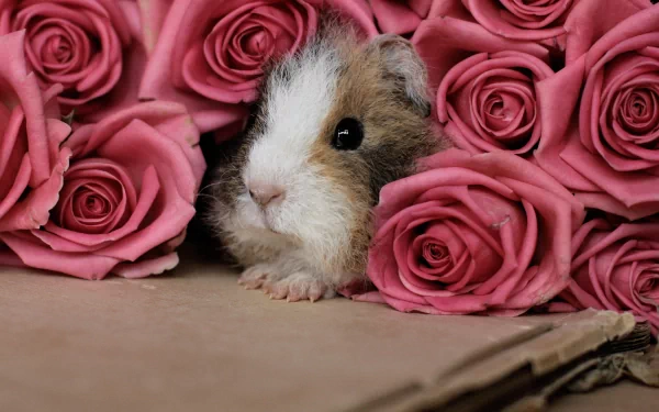 A guinea pig nestled among vibrant pink roses, creating a charming HD desktop wallpaper blending flower beauty and animal cuteness.