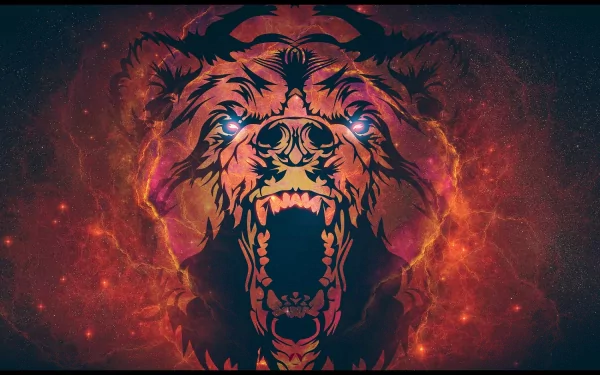 A striking HD desktop wallpaper featuring a fierce bear's face, intricately designed with vibrant colors and cosmic elements, creating a bold and captivating background.