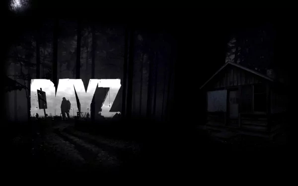 Dark DayZ video game HD PC desktop wallpaper background: silhouetted survivor in a moonlit forest, abandoned cabin and large DAYZ logo.
