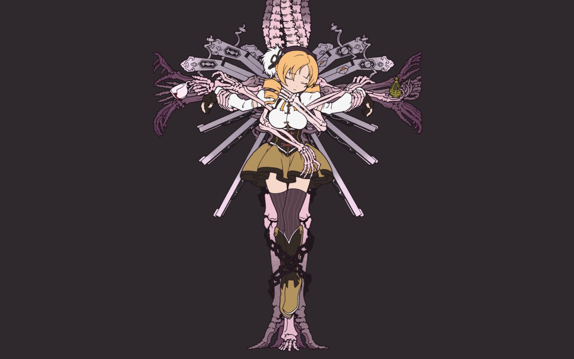 Mami Tomoe (Puella Magi Madoka Magica) stands centered with rifles fanned into a floral cross — anime HD PC desktop wallpaper and background.