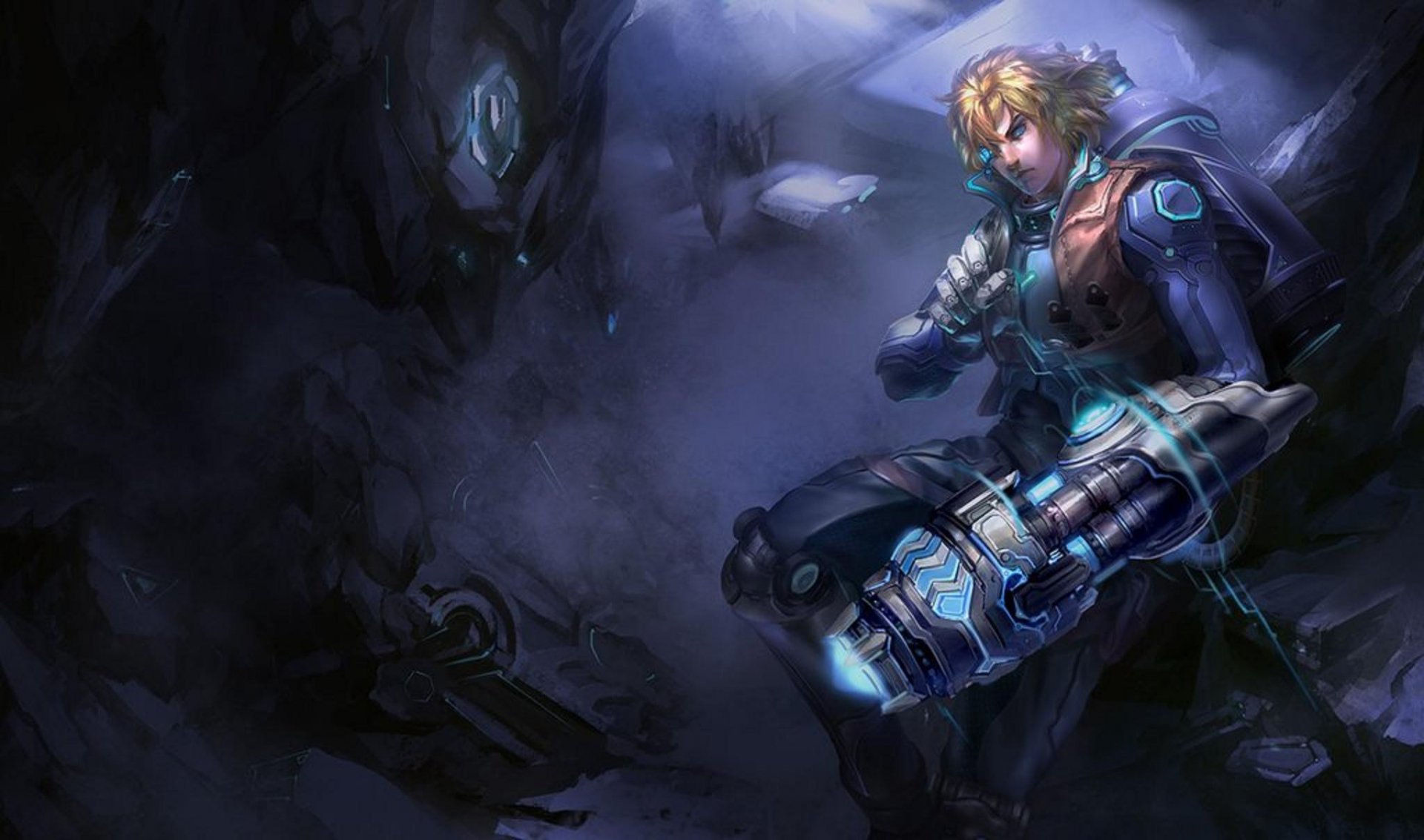 HD desktop wallpaper featuring Ezreal from the video game League of Legends, depicted in a dark, atmospheric setting with glowing effects.