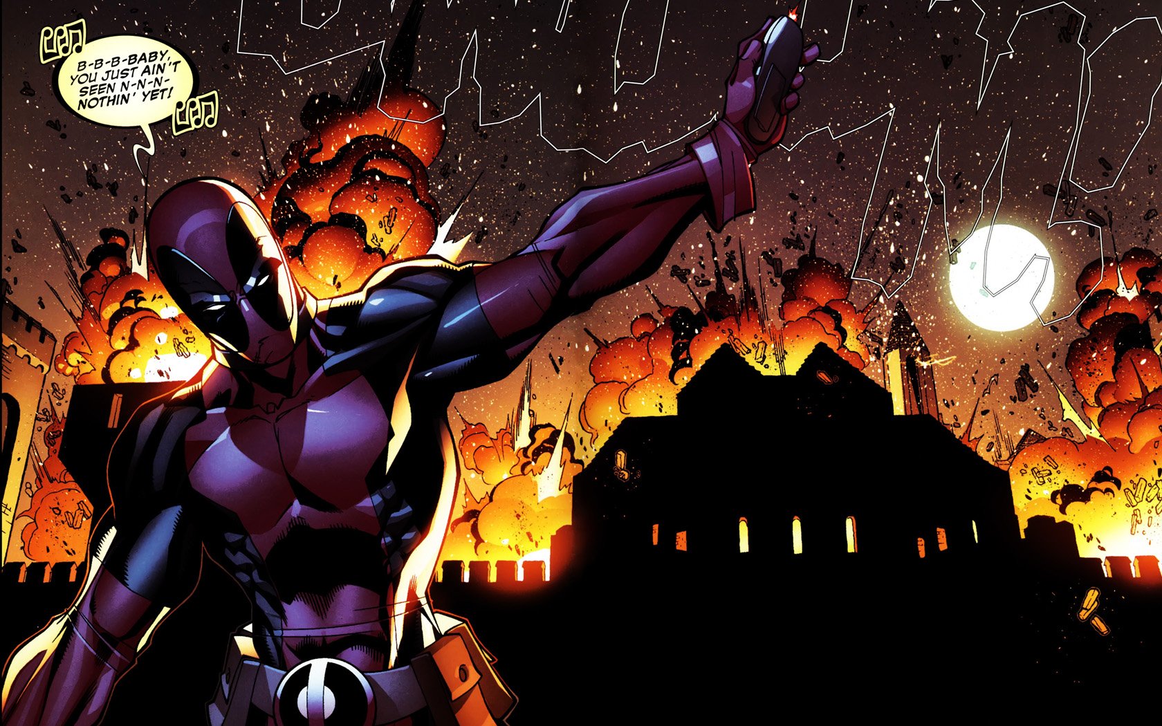 HD PC desktop wallpaper featuring Deadpool, the Merc with a Mouth, striking a dynamic pose against a fiery, explosive comic-style background at night.
