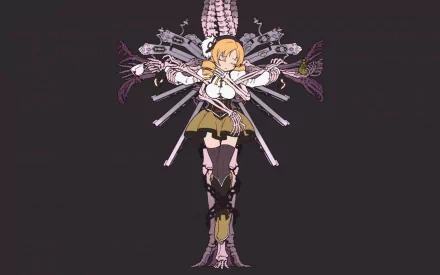Mami Tomoe (Puella Magi Madoka Magica) stands centered with rifles fanned into a floral cross — anime HD PC desktop wallpaper and background.